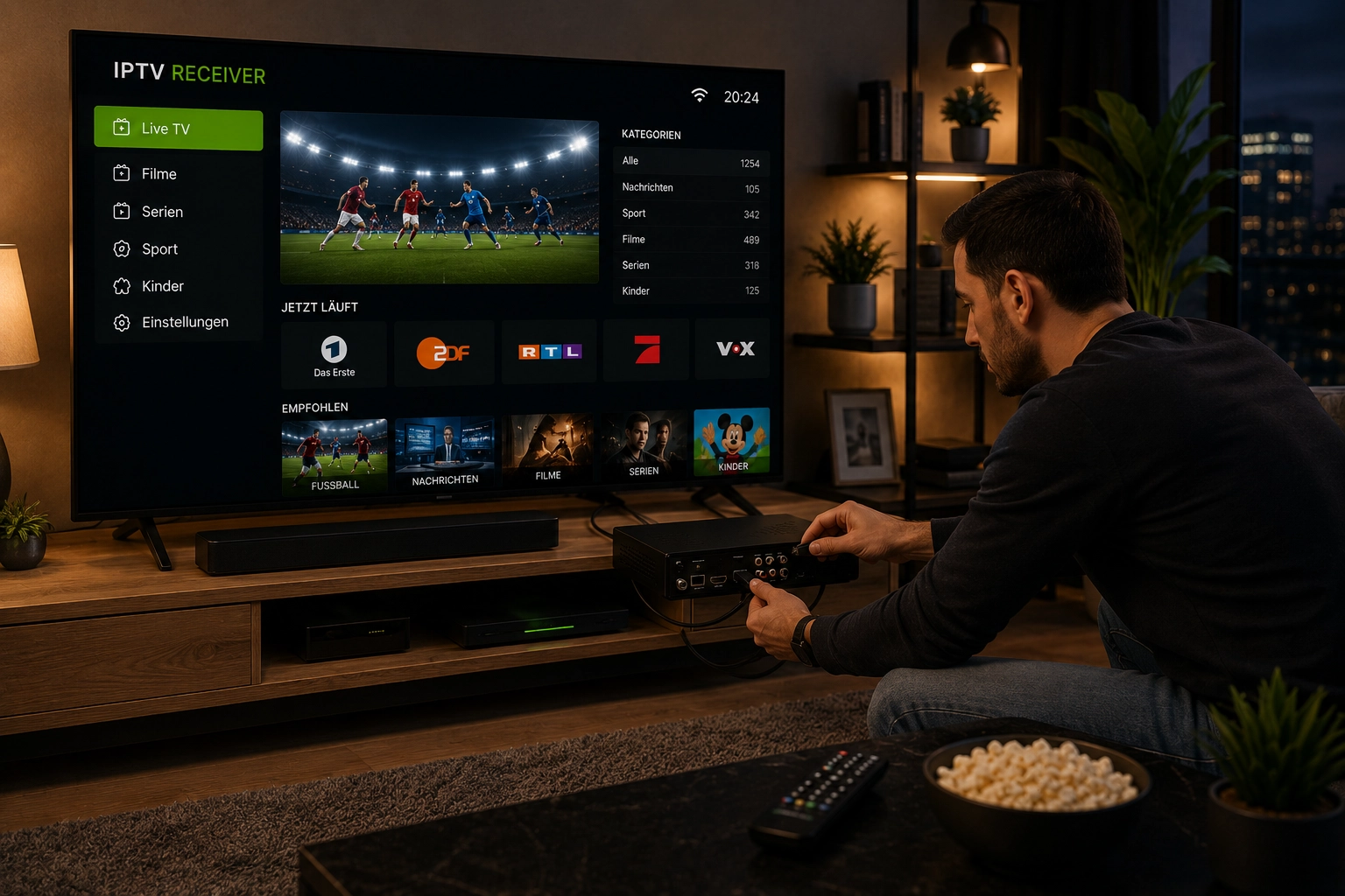IPTV Receiver mit Fernbedienung am Fernseher für Live-TV per Streaming in Deutschland